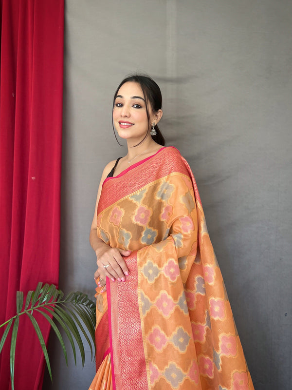 Rangkart Vol. 1 Organza Contrast Woven Saree Pastel Orange Clothsvilla