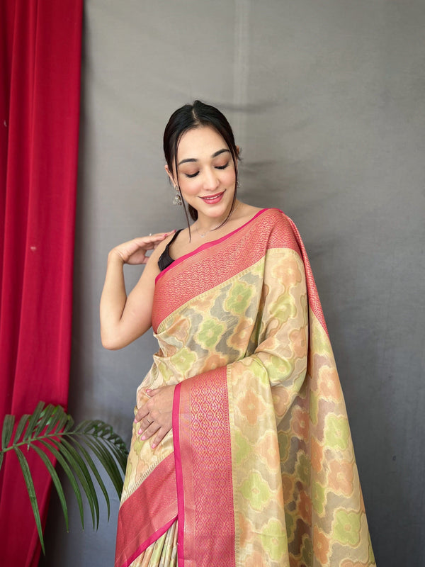 Rangkart Vol. 1 Organza Contrast Woven Saree Ivory Cream Clothsvilla