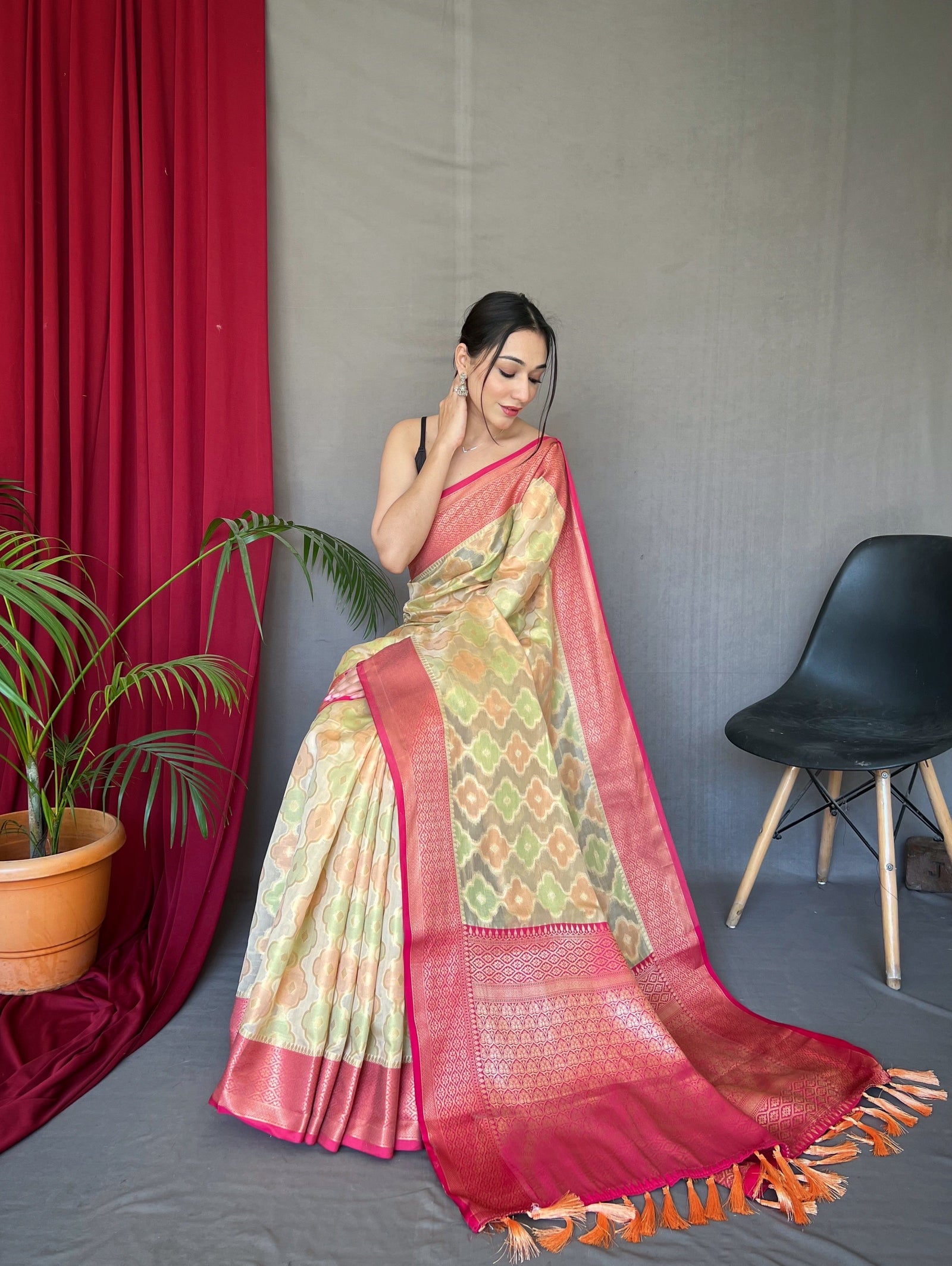 Rangkart Vol. 1 Organza Contrast Woven Saree Ivory Cream Clothsvilla