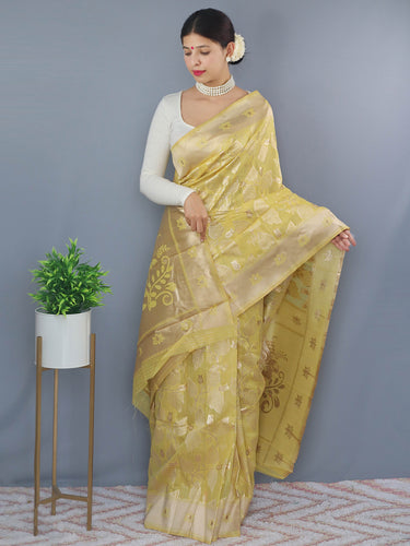 Lotus Cotton Linen Slub Jaal Woven Saree Yellow Clothsvilla