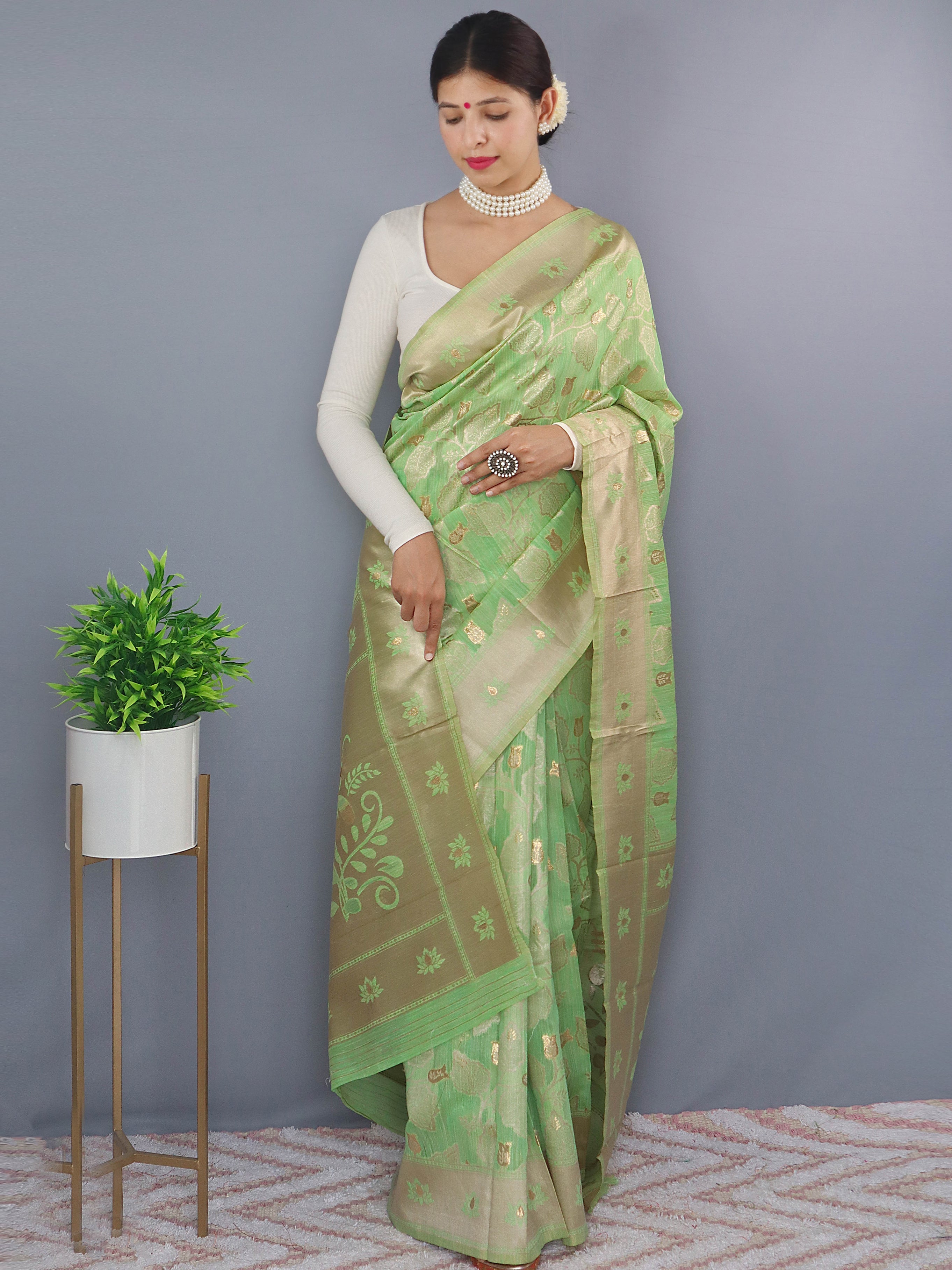 Lotus Cotton Linen Slub Jaal Woven Saree Pistachio Green Clothsvilla