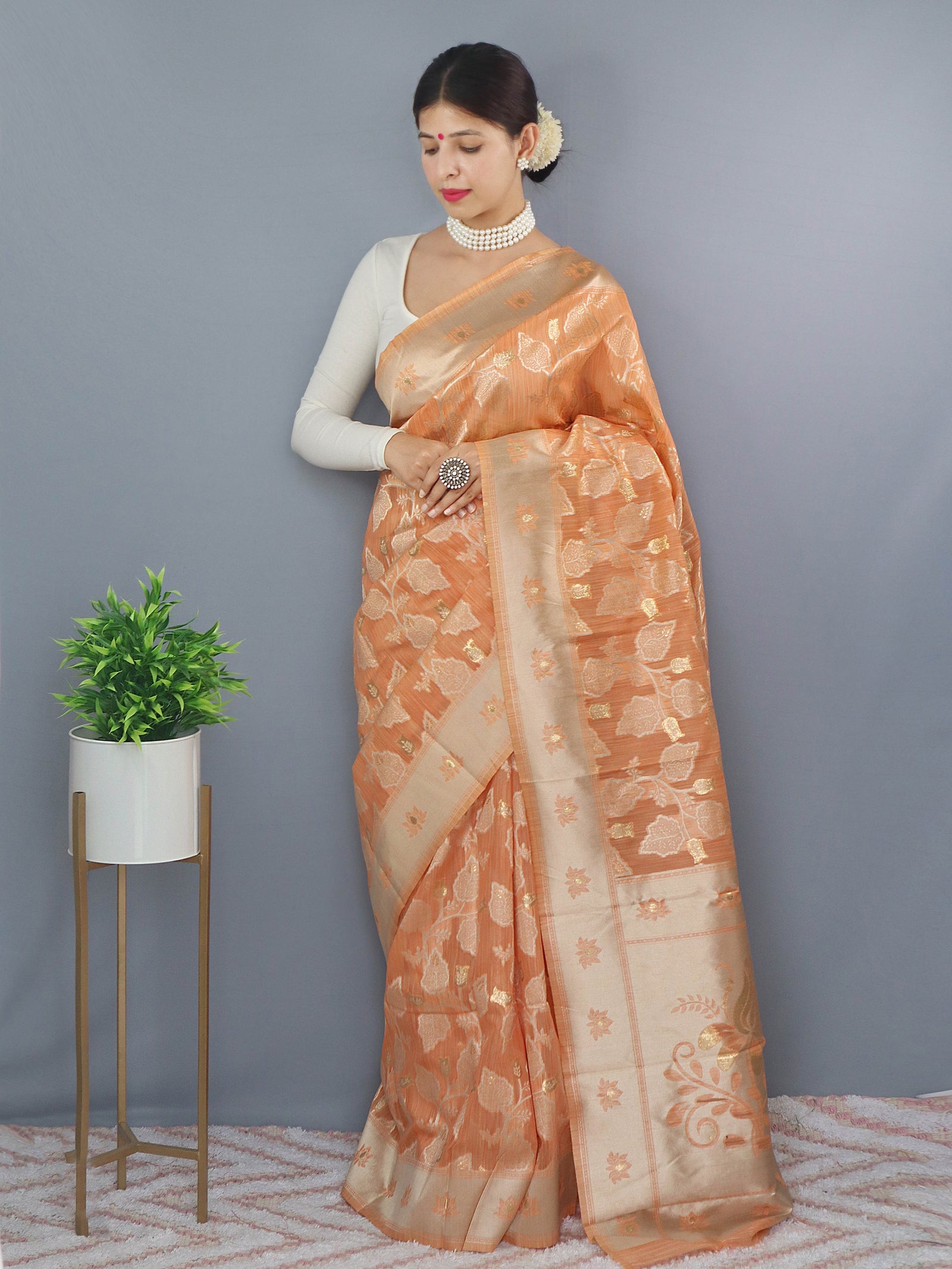 Lotus Cotton Linen Slub Jaal Woven Saree Peach Clothsvilla
