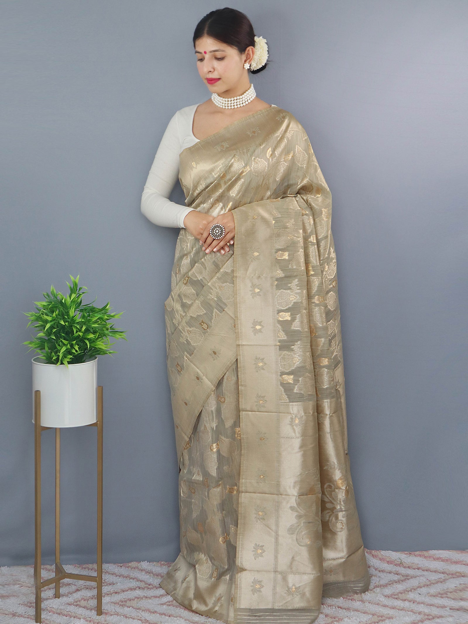 Lotus Cotton Linen Slub Jaal Woven Saree Grey Olive Clothsvilla