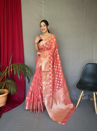 Coral Pink Man Mohini Cotton Muslin Woven Saree Clothsvilla