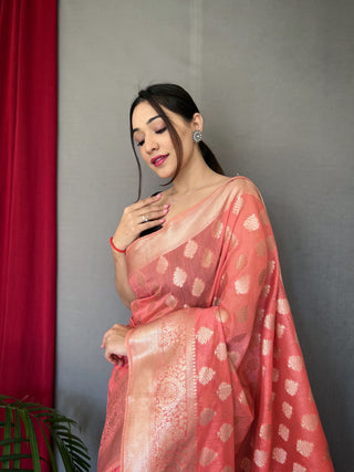 Coral Pink Man Mohini Cotton Muslin Woven Saree Clothsvilla