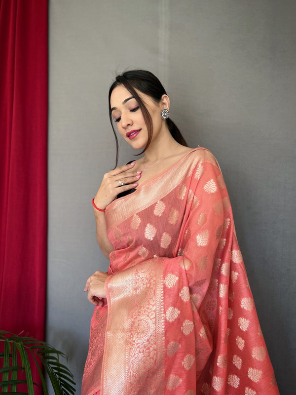 Coral Pink Man Mohini Cotton Muslin Woven Saree Clothsvilla