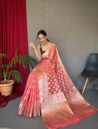 Coral Pink Man Mohini Cotton Muslin Woven Saree Clothsvilla