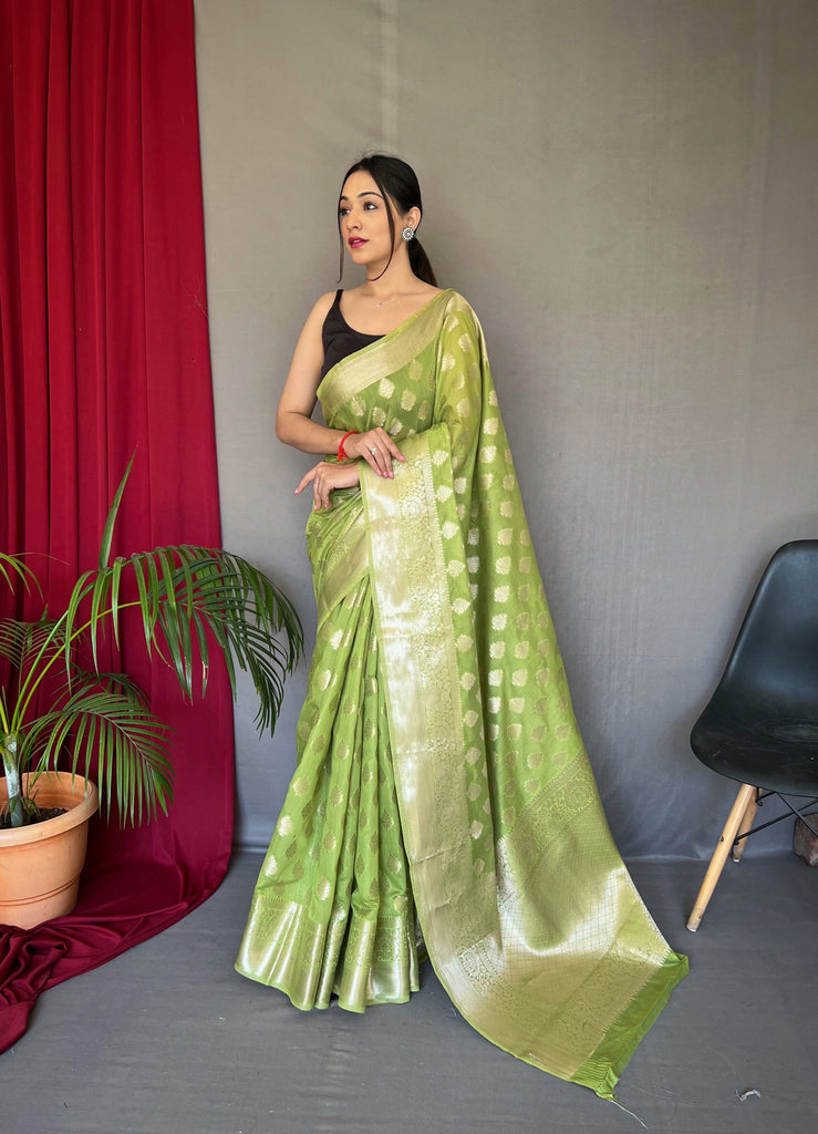 Parrot Green Man Mohini Cotton Muslin Woven Saree Clothsvilla