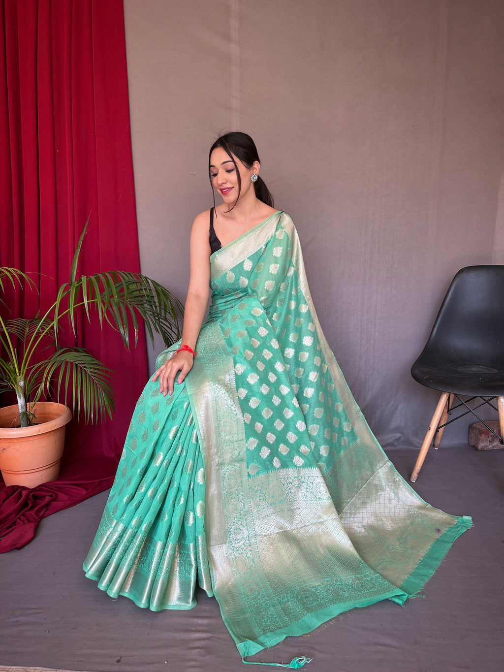 Seafoam Blue Man Mohini Cotton Muslin Woven Saree Clothsvilla