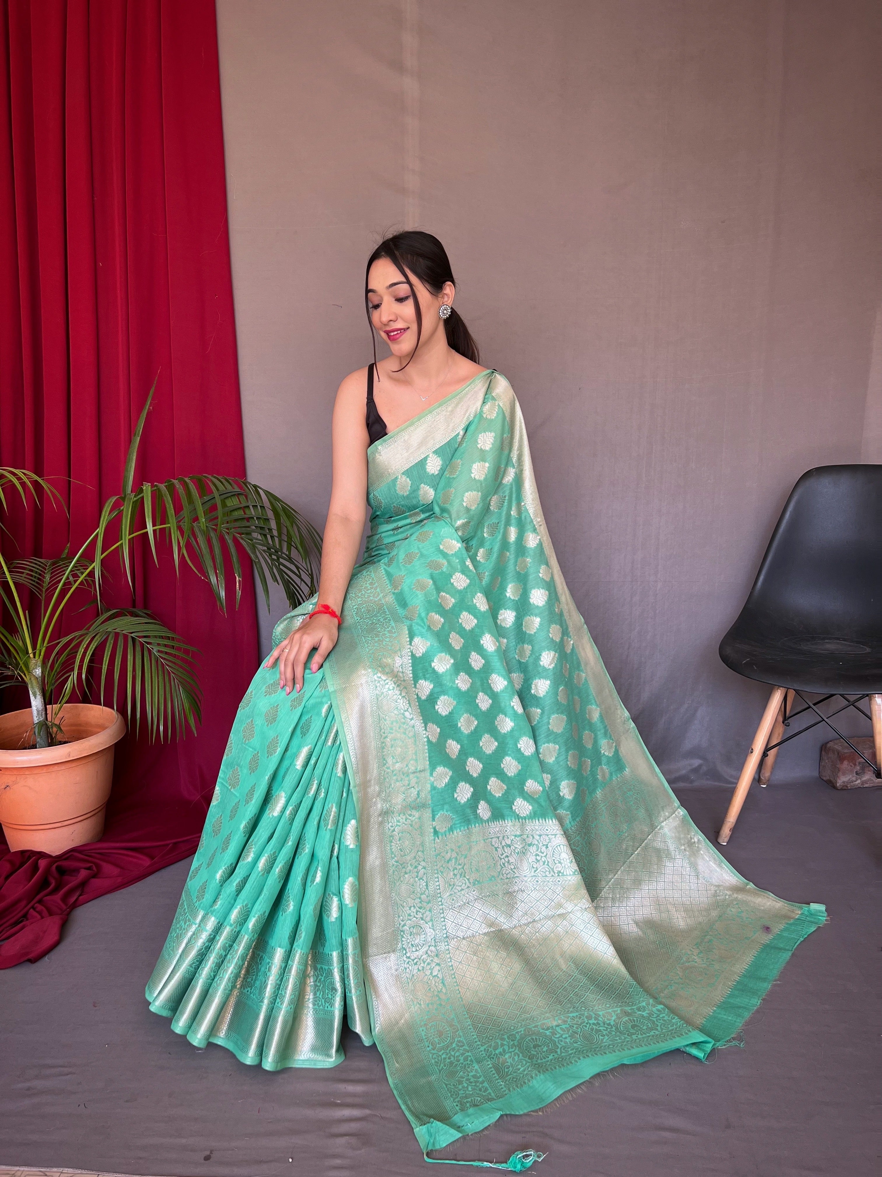 Seafoam Blue Man Mohini Cotton Muslin Woven Saree Clothsvilla