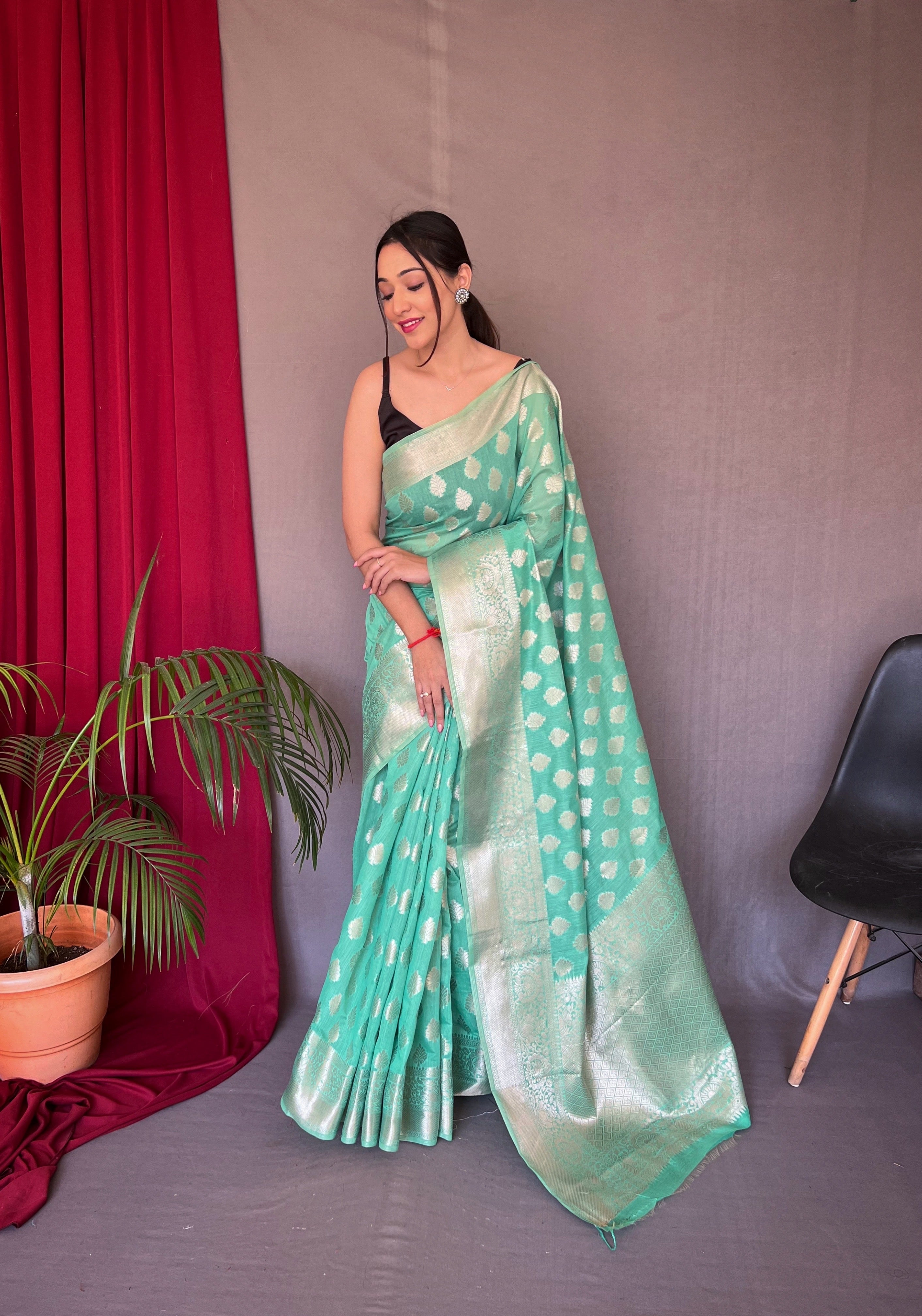 Seafoam Blue Man Mohini Cotton Muslin Woven Saree Clothsvilla