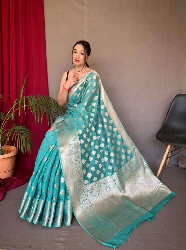 Fountain Blue Man Mohini Cotton Muslin Woven Saree Clothsvilla