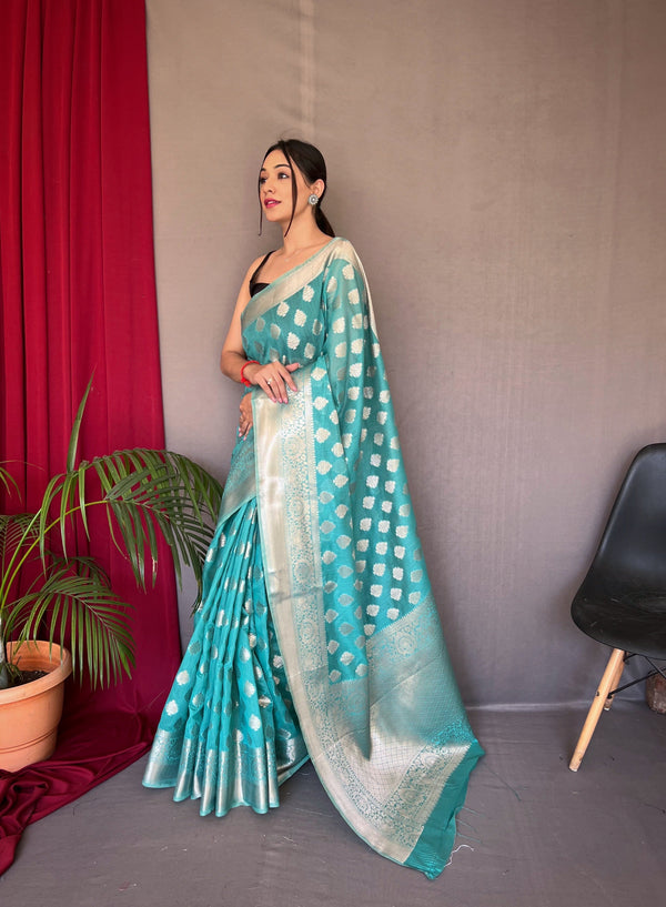 Fountain Blue Man Mohini Cotton Muslin Woven Saree Clothsvilla