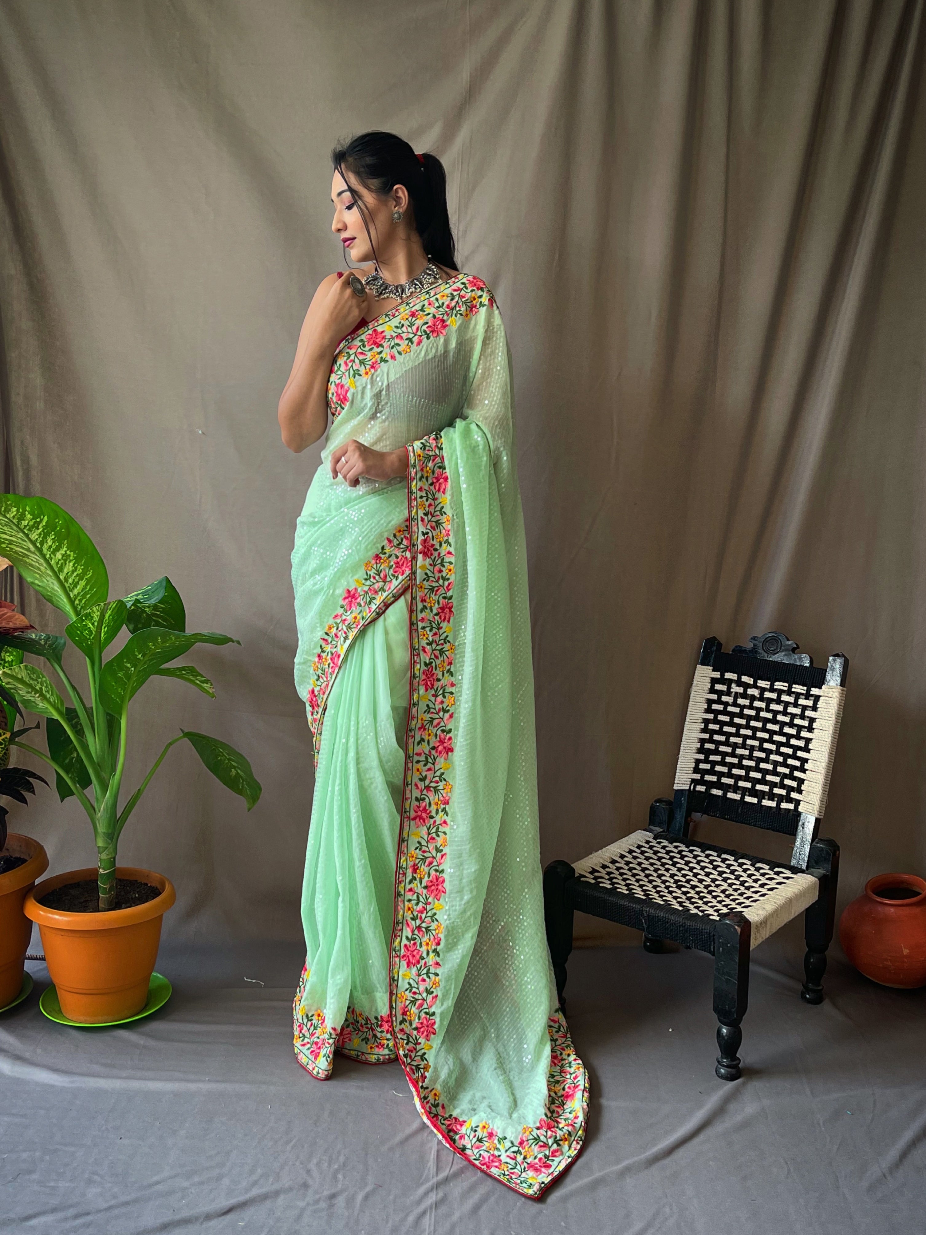 Georgette Sequins Designer Saree Soft Green Clothsvilla