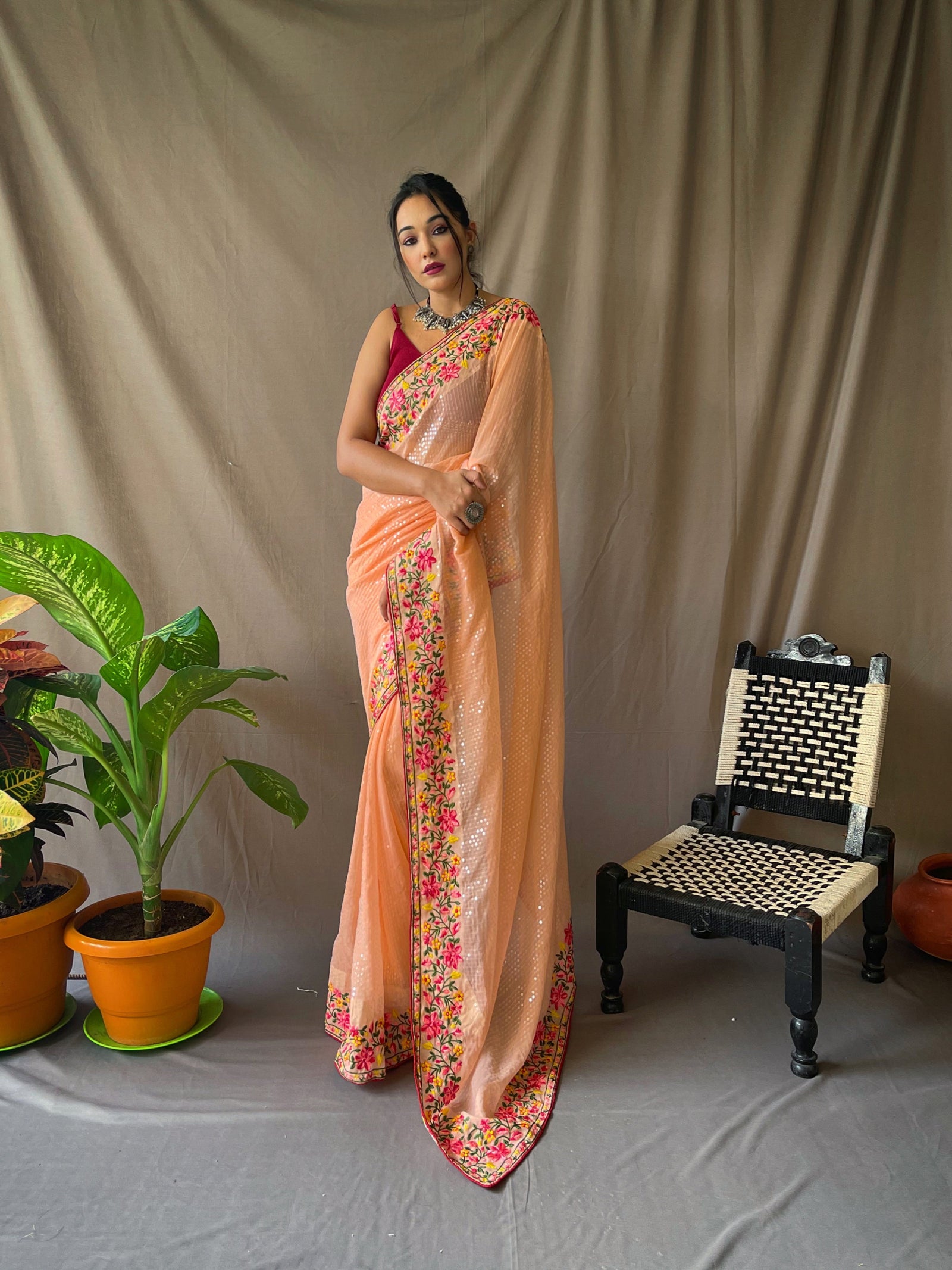 Georgette Sequins Designer Saree Peach Clothsvilla