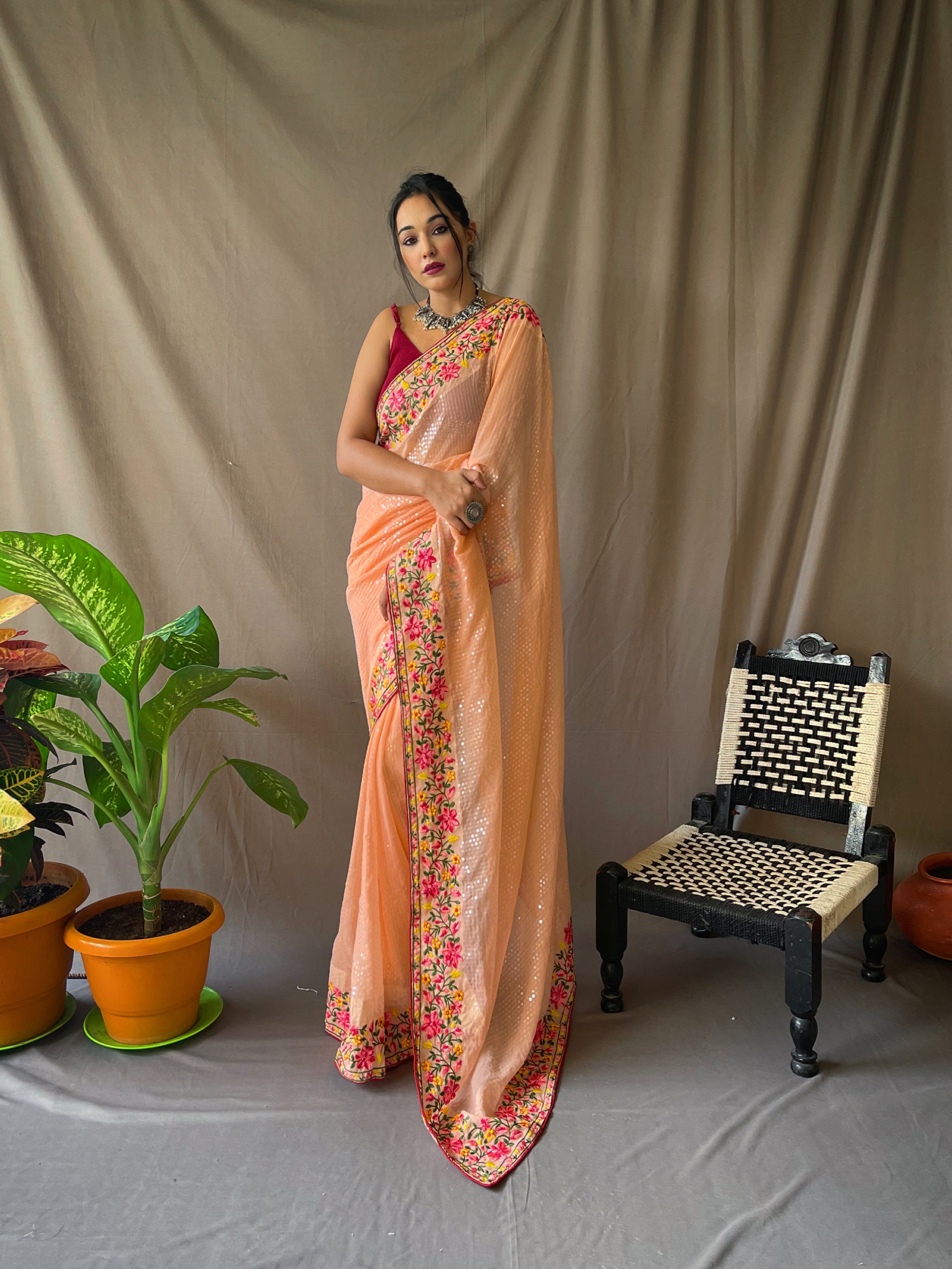 Georgette Sequins Designer Saree Peach Clothsvilla