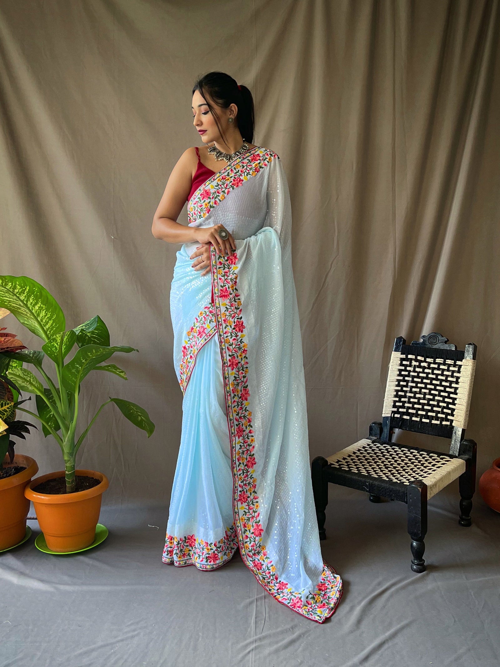 Georgette Sequins Designer Saree Sky Blue Clothsvilla