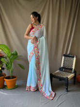 Load image into Gallery viewer, Georgette Sequins Designer Saree Sky Blue Clothsvilla