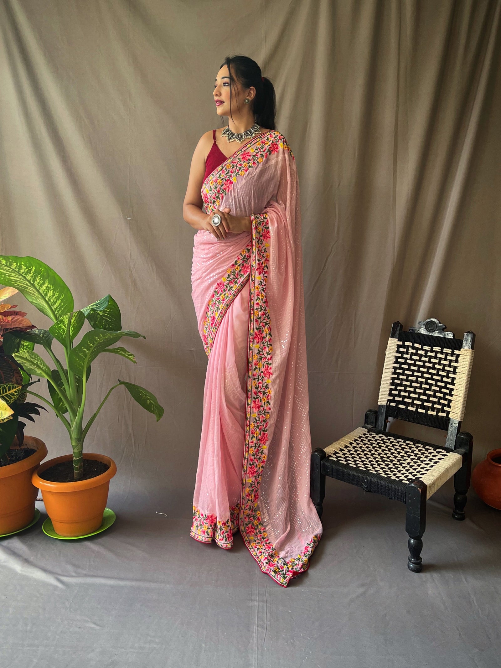 Georgette Sequins Designer Saree Pastel Pink Clothsvilla