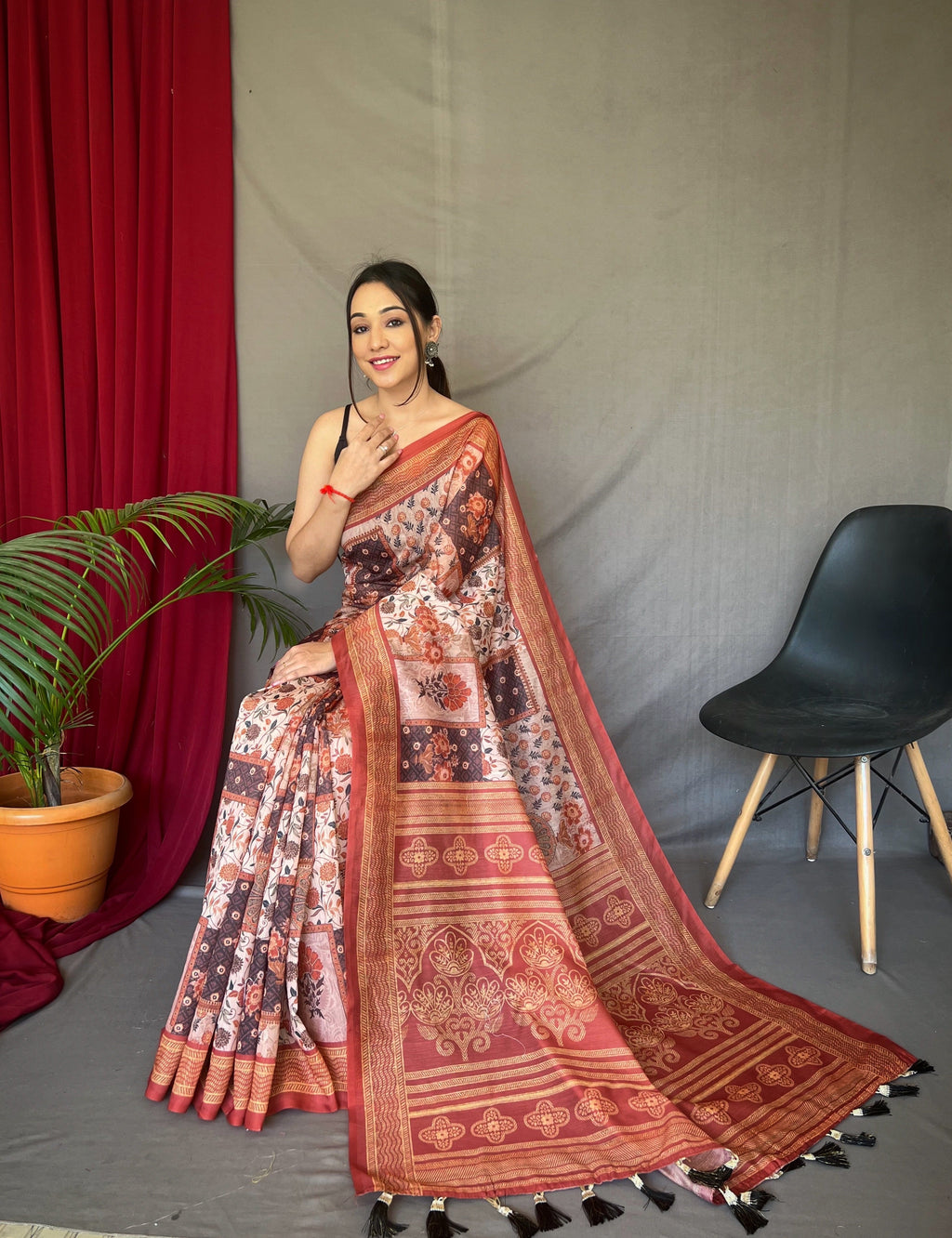 Light Brown Ajrakh Carpet Silk Cotton Printed Saree Clothsvilla