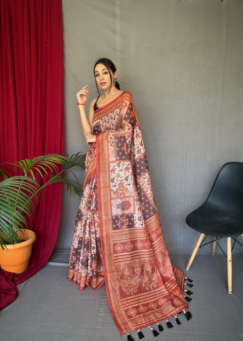 Light Brown Ajrakh Carpet Silk Cotton Printed Saree Clothsvilla Main image