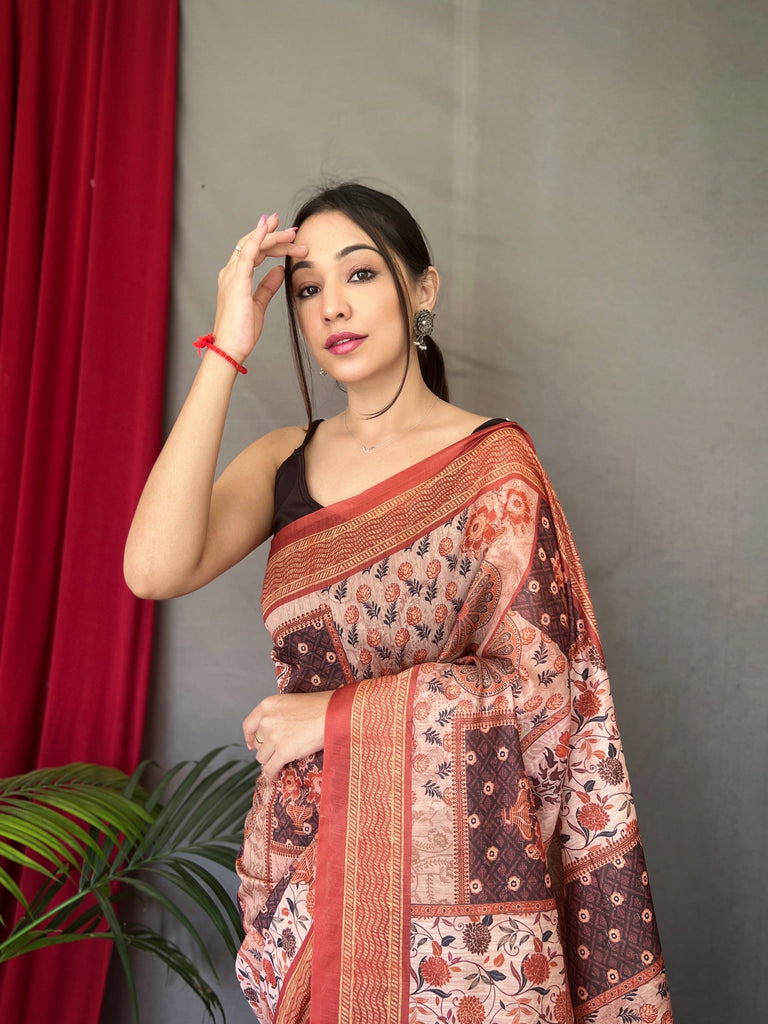 Light Brown Ajrakh Carpet Silk Cotton Printed Saree Clothsvilla