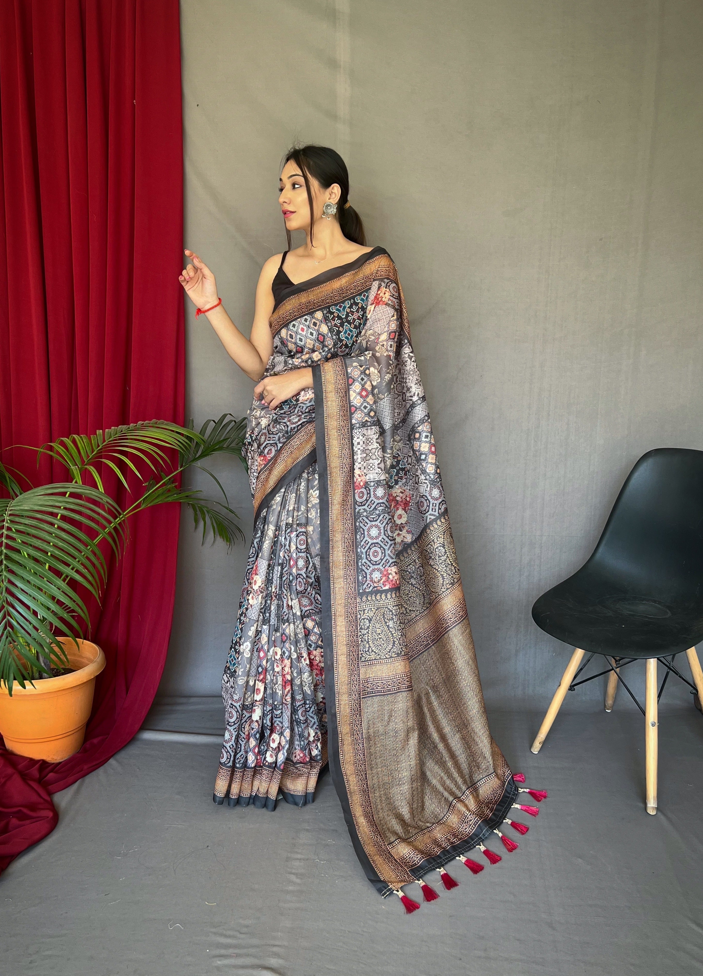 Grey Ajrakh Carpet Silk Cotton Printed Saree Clothsvilla Main image