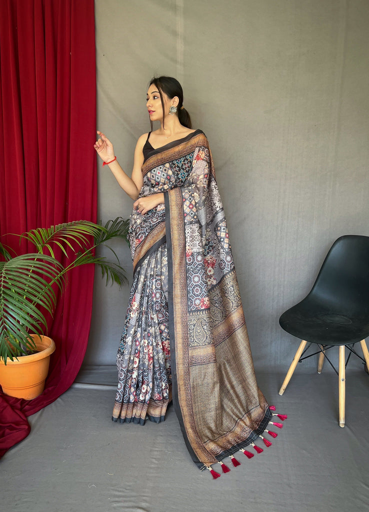 Grey Ajrakh Carpet Silk Cotton Printed Saree Clothsvilla
