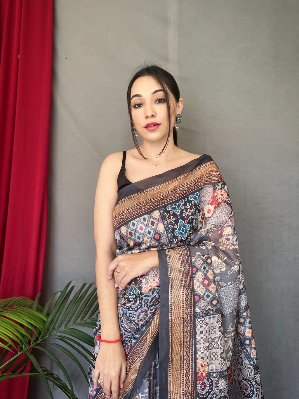 Grey Ajrakh Carpet Silk Cotton Printed Saree Clothsvilla