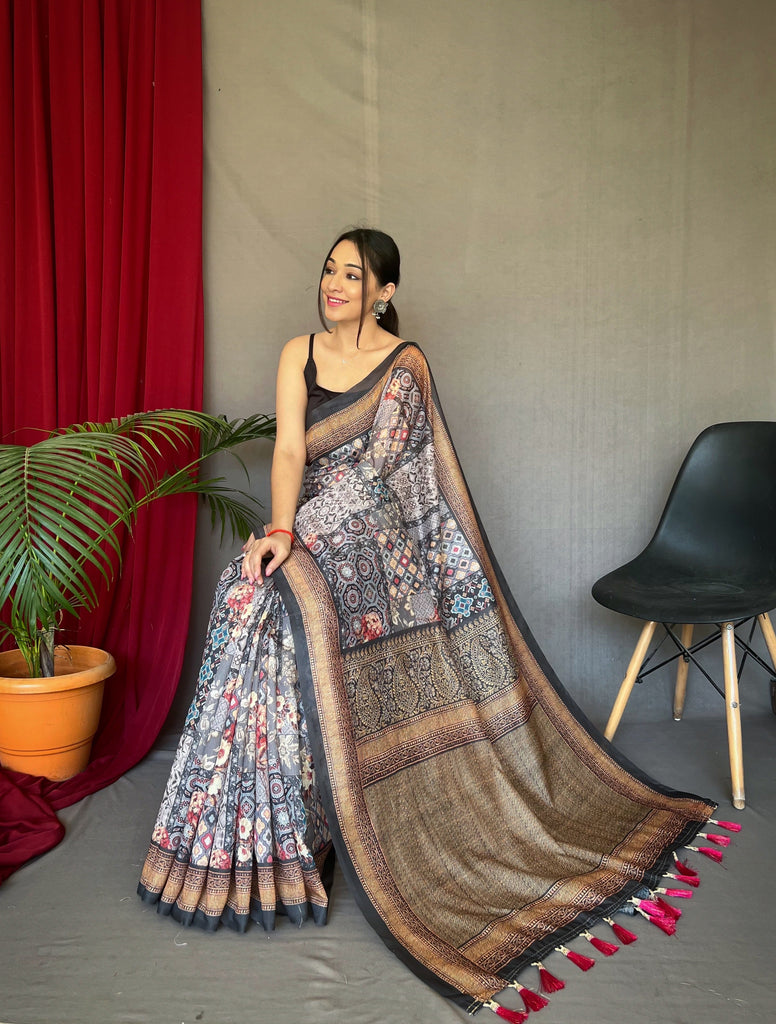 Grey Ajrakh Carpet Silk Cotton Printed Saree Clothsvilla