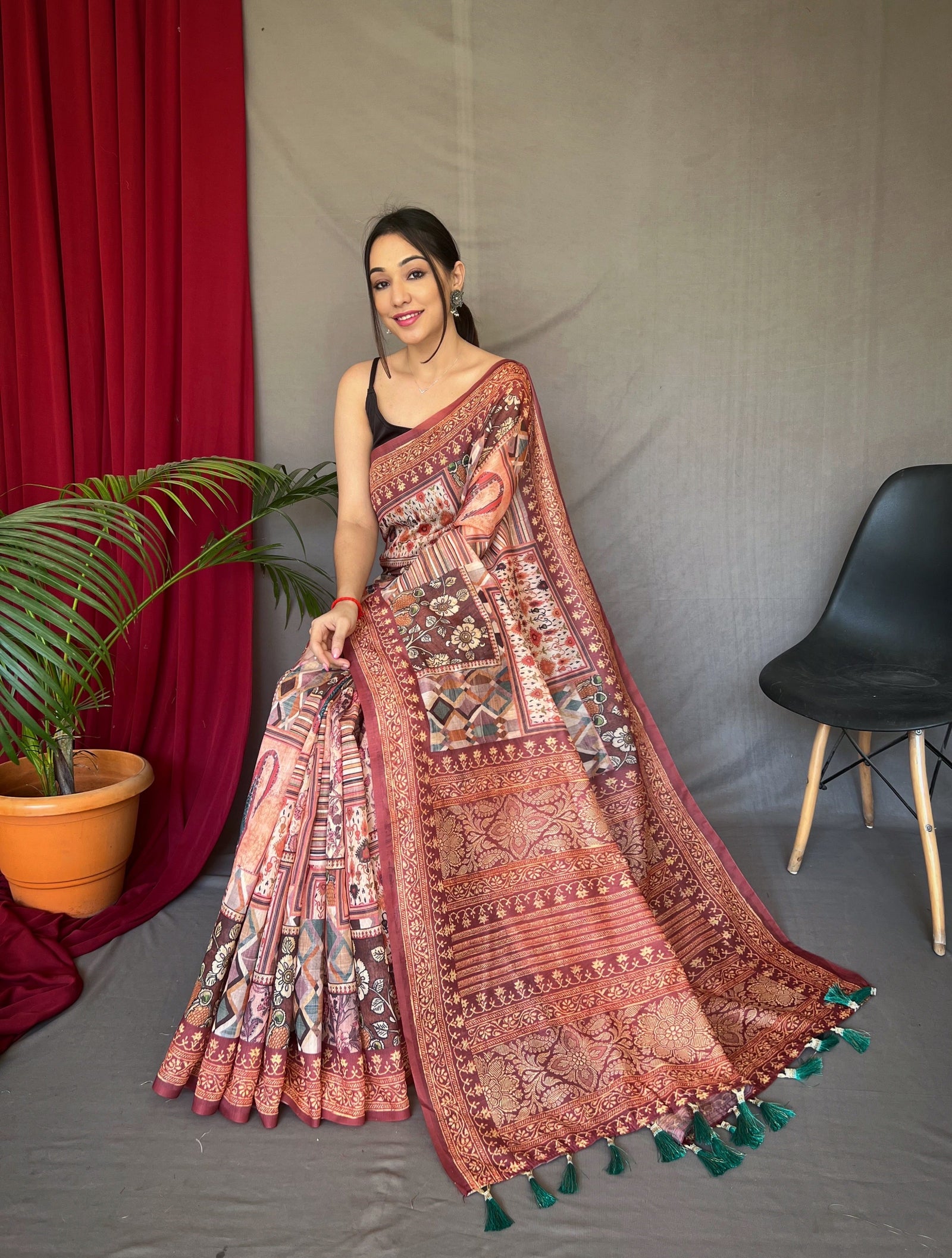 Brown Ajrakh Carpet Silk Cotton Printed Saree Clothsvilla