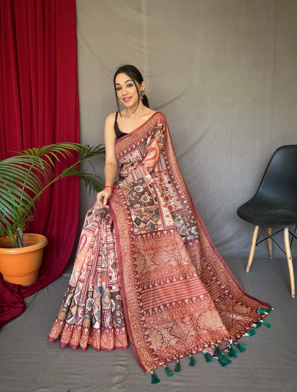 Brown Ajrakh Carpet Silk Cotton Printed Saree Clothsvilla