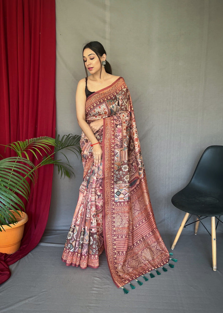 Brown Ajrakh Carpet Silk Cotton Printed Saree Clothsvilla