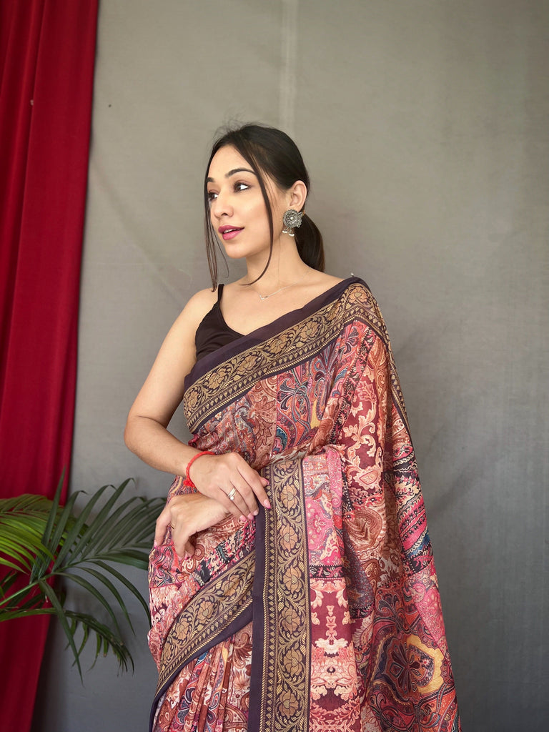 Pink Brown Ajrakh Carpet Silk Cotton Printed Saree Clothsvilla