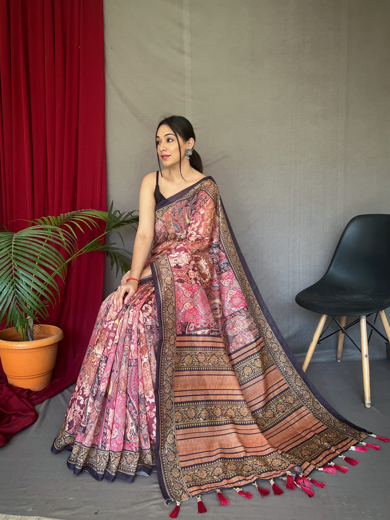 Pink Brown Ajrakh Carpet Silk Cotton Printed Saree Clothsvilla