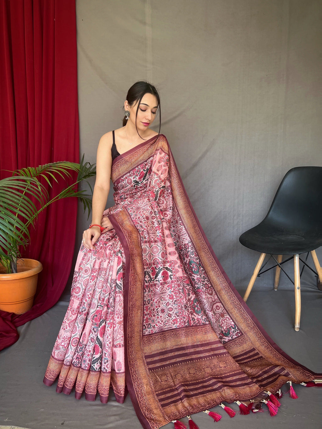 Baby Pink Ajrakh Carpet Silk Cotton Printed Saree Clothsvilla