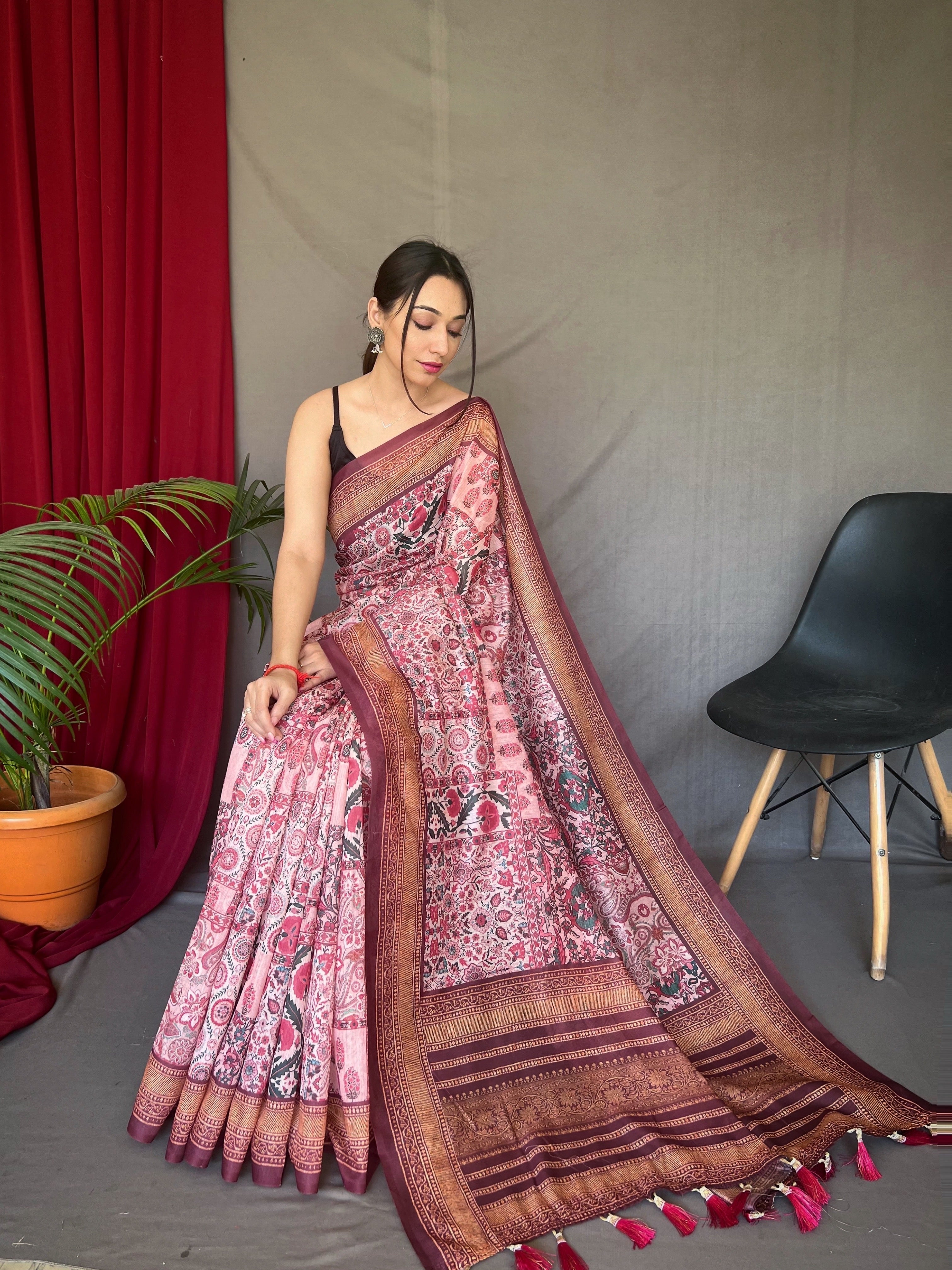 Baby Pink Ajrakh Carpet Silk Cotton Printed Saree Clothsvilla