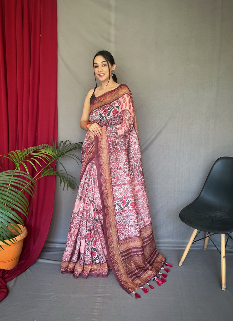 Baby Pink Ajrakh Carpet Silk Cotton Printed Saree Clothsvilla