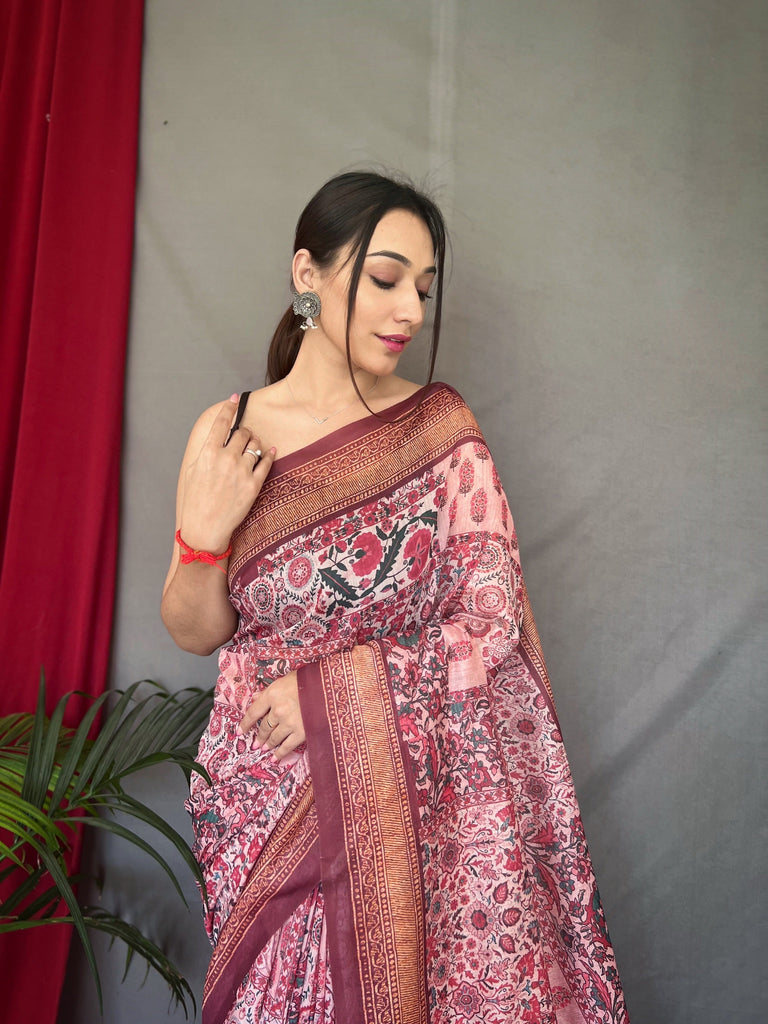 Baby Pink Ajrakh Carpet Silk Cotton Printed Saree Clothsvilla