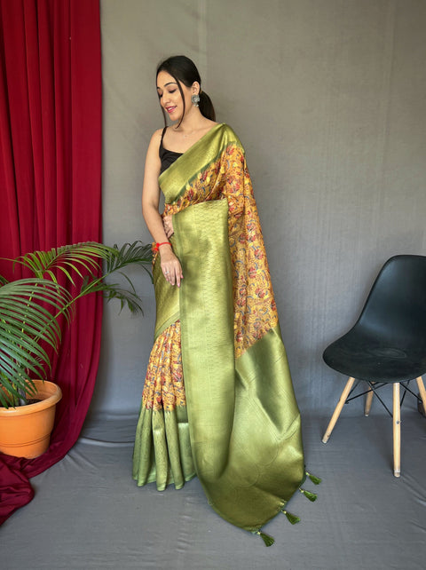 Orange Green Kora Muslin Kalamkari Silk Woven Saree Clothsvilla Main image
