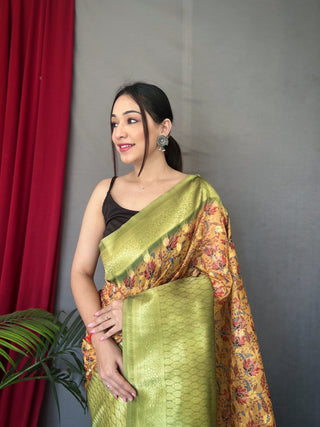 Orange Green Kora Muslin Kalamkari Silk Woven Saree Clothsvilla