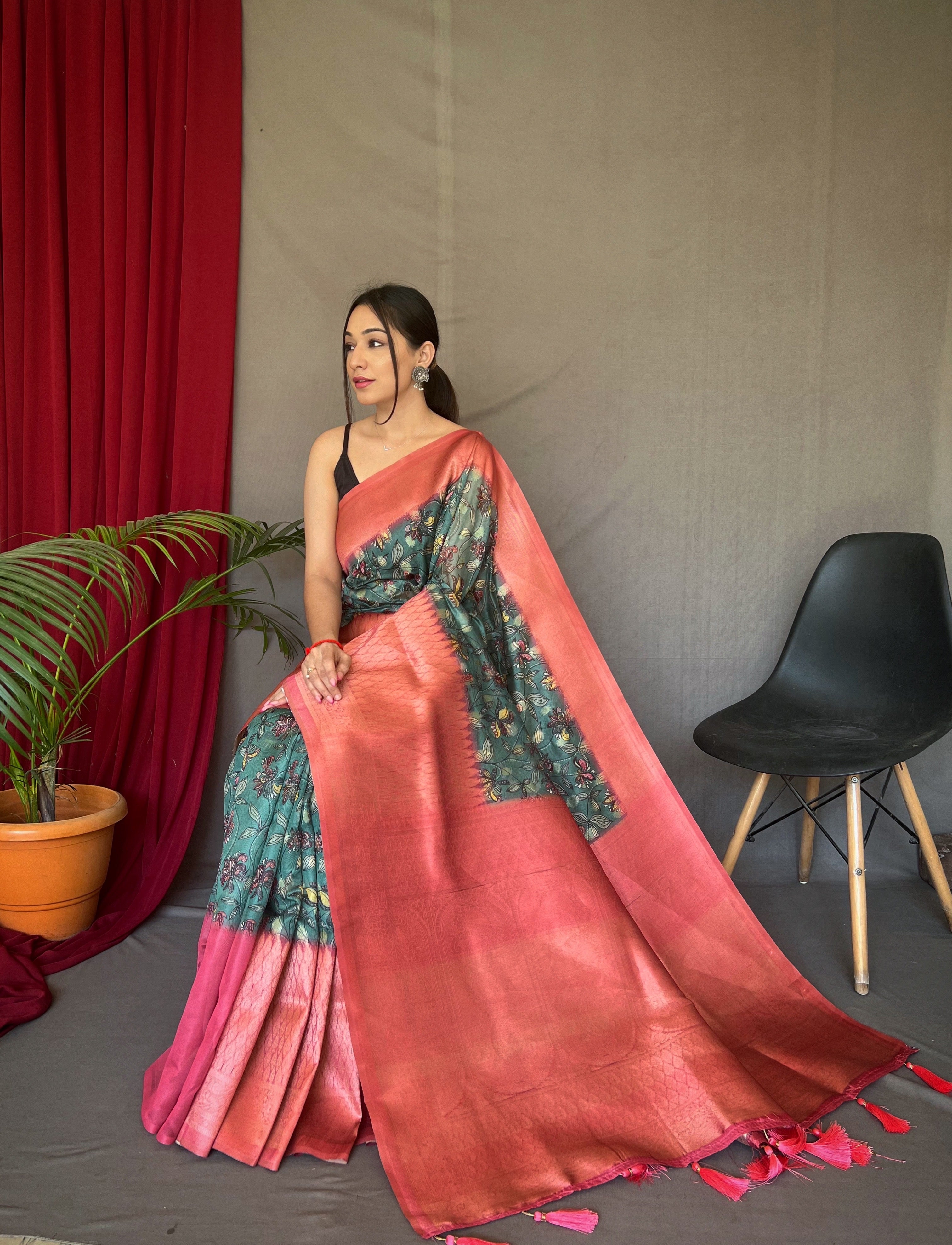 Marble Blue Pink Kora Muslin Kalamkari Silk Woven Saree Clothsvilla