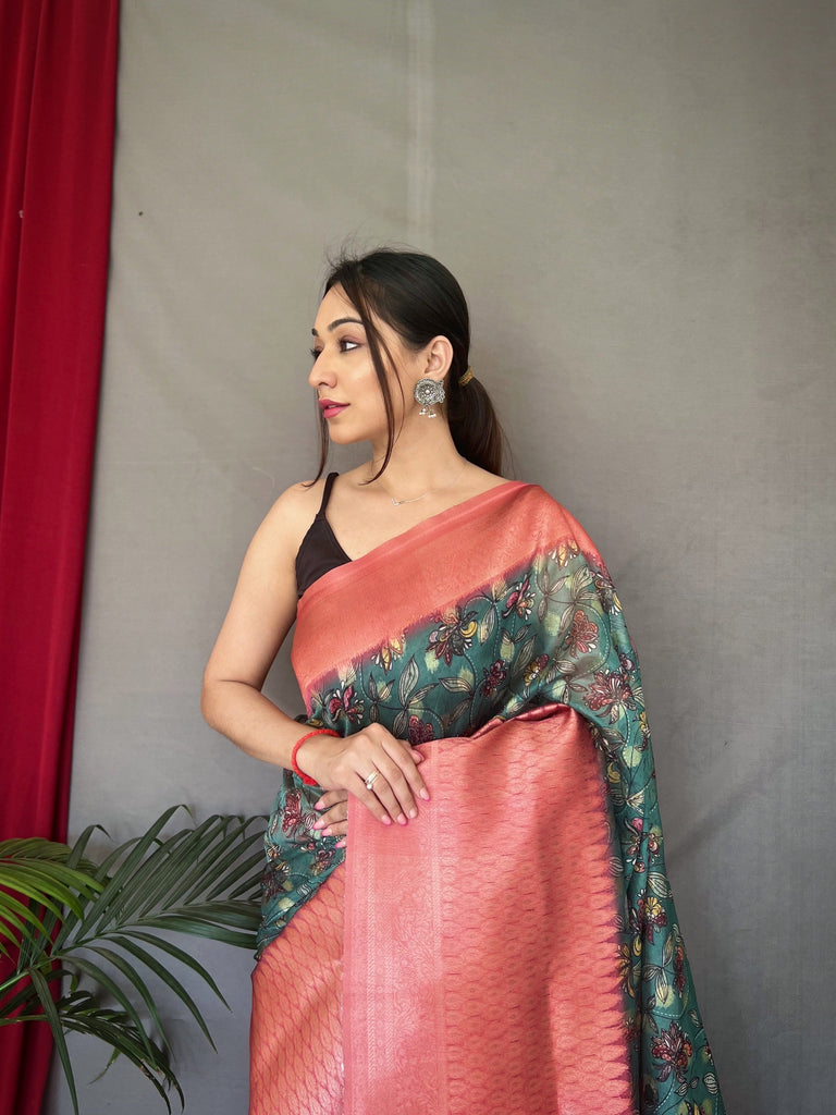 Marble Blue Pink Kora Muslin Kalamkari Silk Woven Saree Clothsvilla