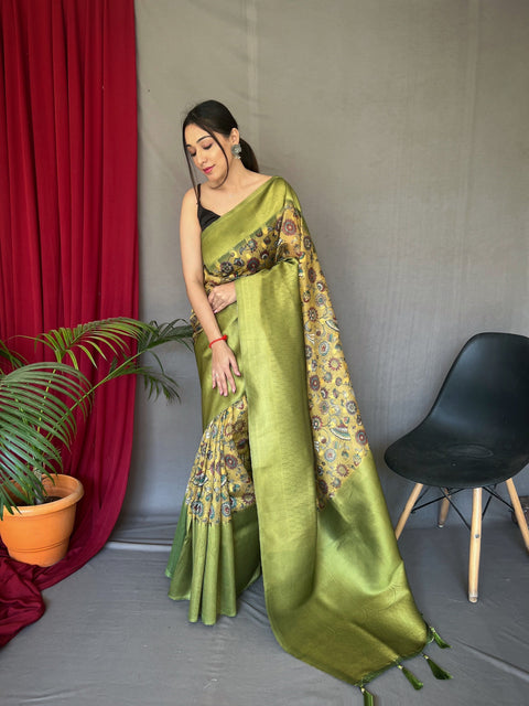Yellow Green Kora Muslin Kalamkari Silk Woven Saree Clothsvilla Main image