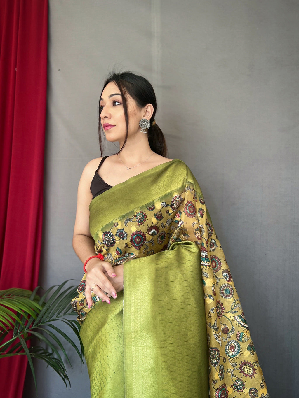 Yellow Green Kora Muslin Kalamkari Silk Woven Saree Clothsvilla