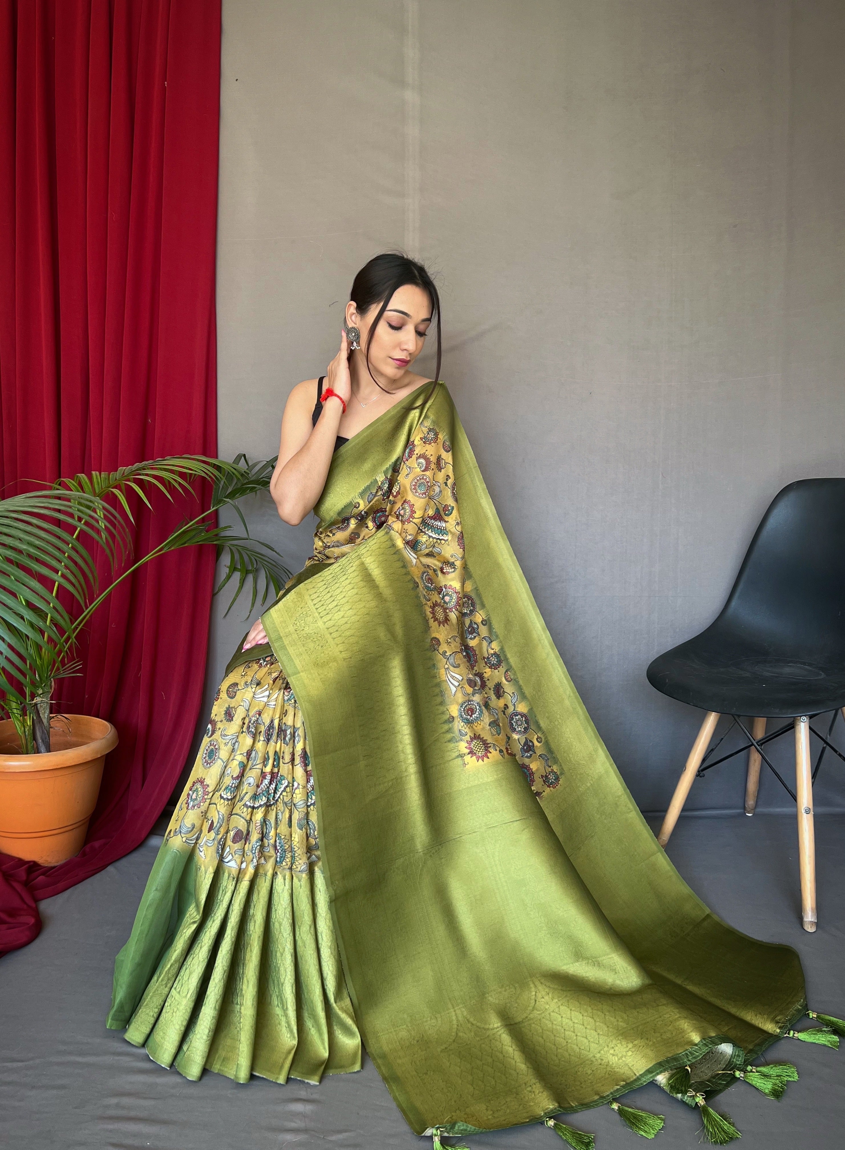 Yellow Green Kora Muslin Kalamkari Silk Woven Saree Clothsvilla
