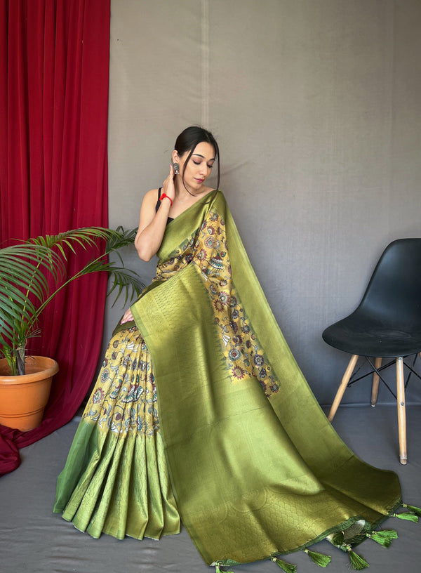 Yellow Green Kora Muslin Kalamkari Silk Woven Saree Clothsvilla