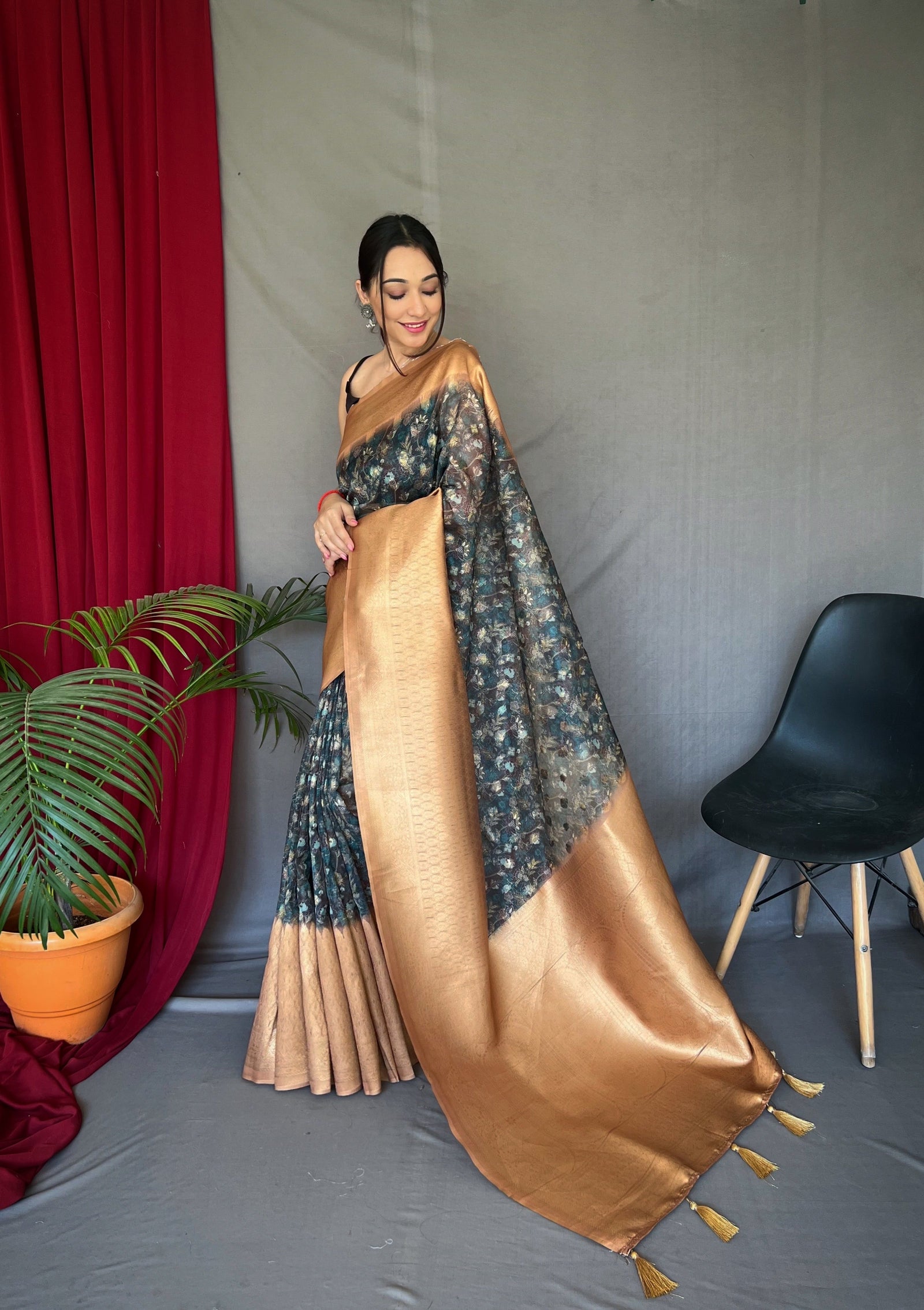 Deep Blue Peach Kora Muslin Kalamkari Silk Woven Saree Clothsvilla