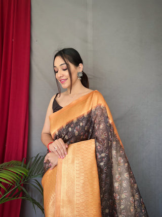 Black Peach Kora Muslin Kalamkari Silk Woven Saree Clothsvilla