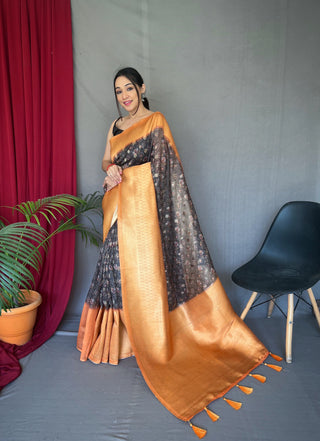 Black Peach Kora Muslin Kalamkari Silk Woven Saree Clothsvilla